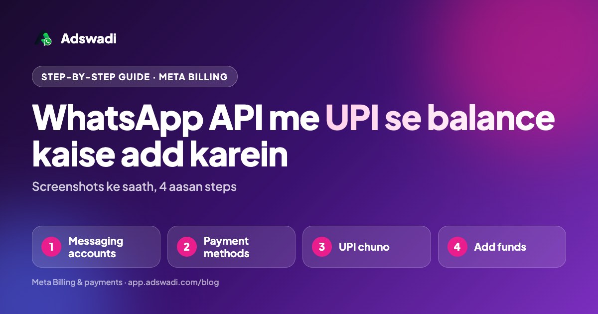 WhatsApp API me UPI se balance kaise add karein: Messaging accounts, Payment methods, UPI chuno aur Add funds, 4 steps